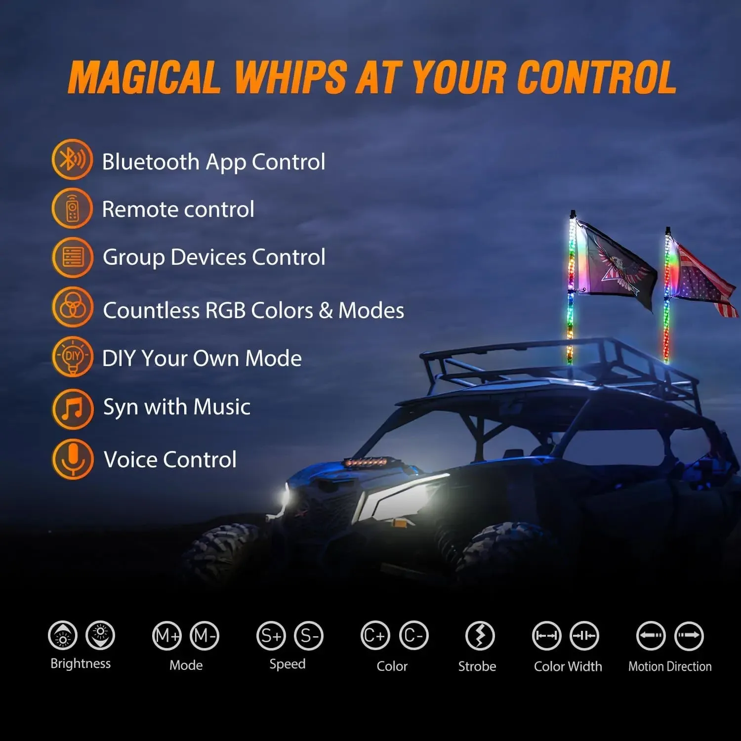 2Pcs 2FT Spiral Antenna Bluetooth Remote App Control Led Whip Light | 10FT Wire 5Pin Switch