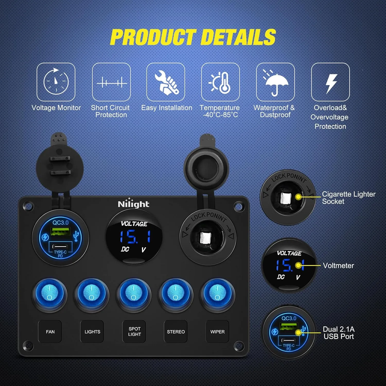 5Gang Multi Function Switch Panel PD Type C USB Charger Digital Voltmeter