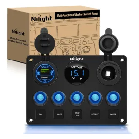 5Gang Multi Function Switch Panel PD Type C USB Charger Digital Voltmeter