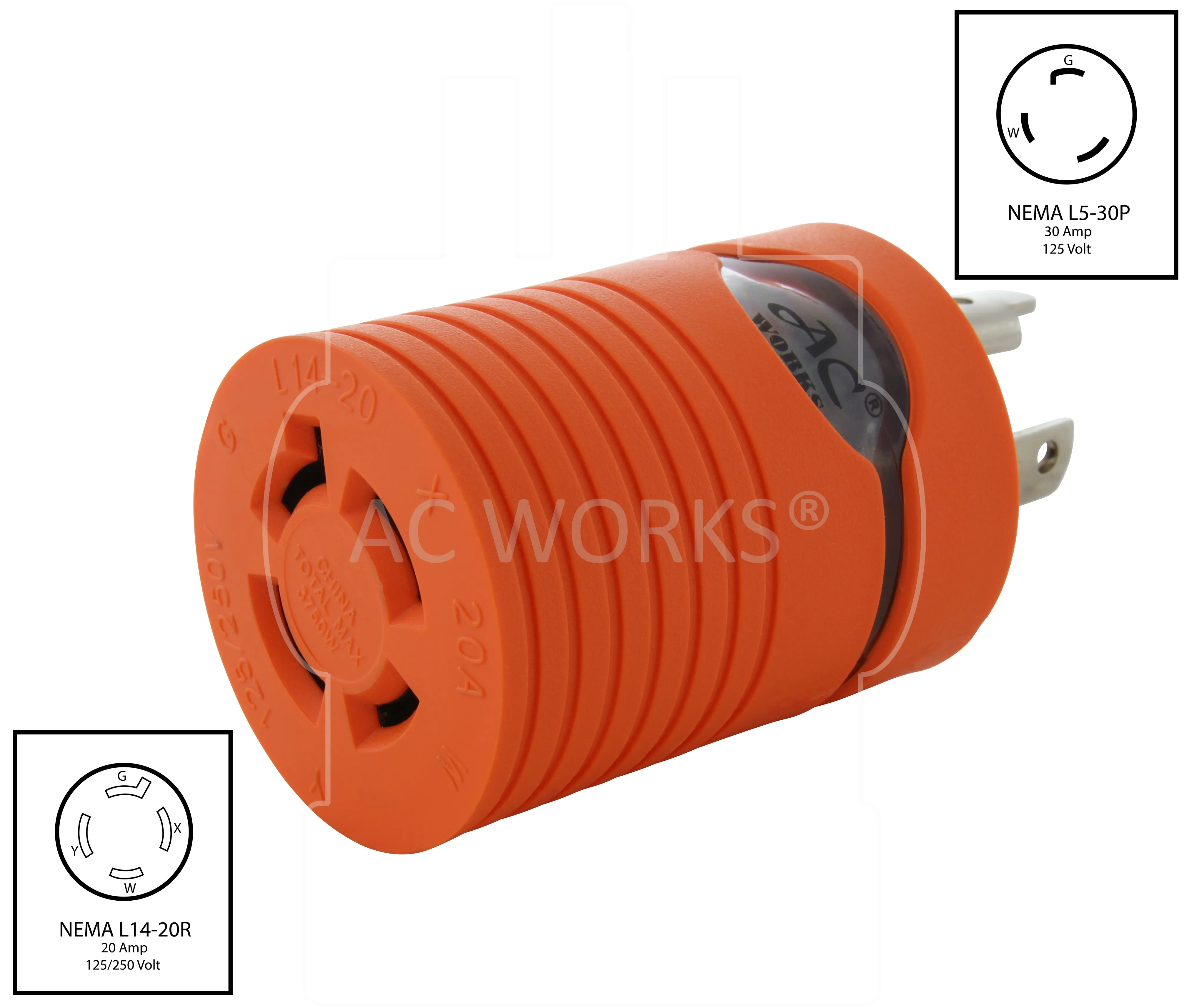 AC WORKS® [ADL530L1420] Locking Adapter L5-30P to L14-20R (Hots Bridged) 20A 125/250V