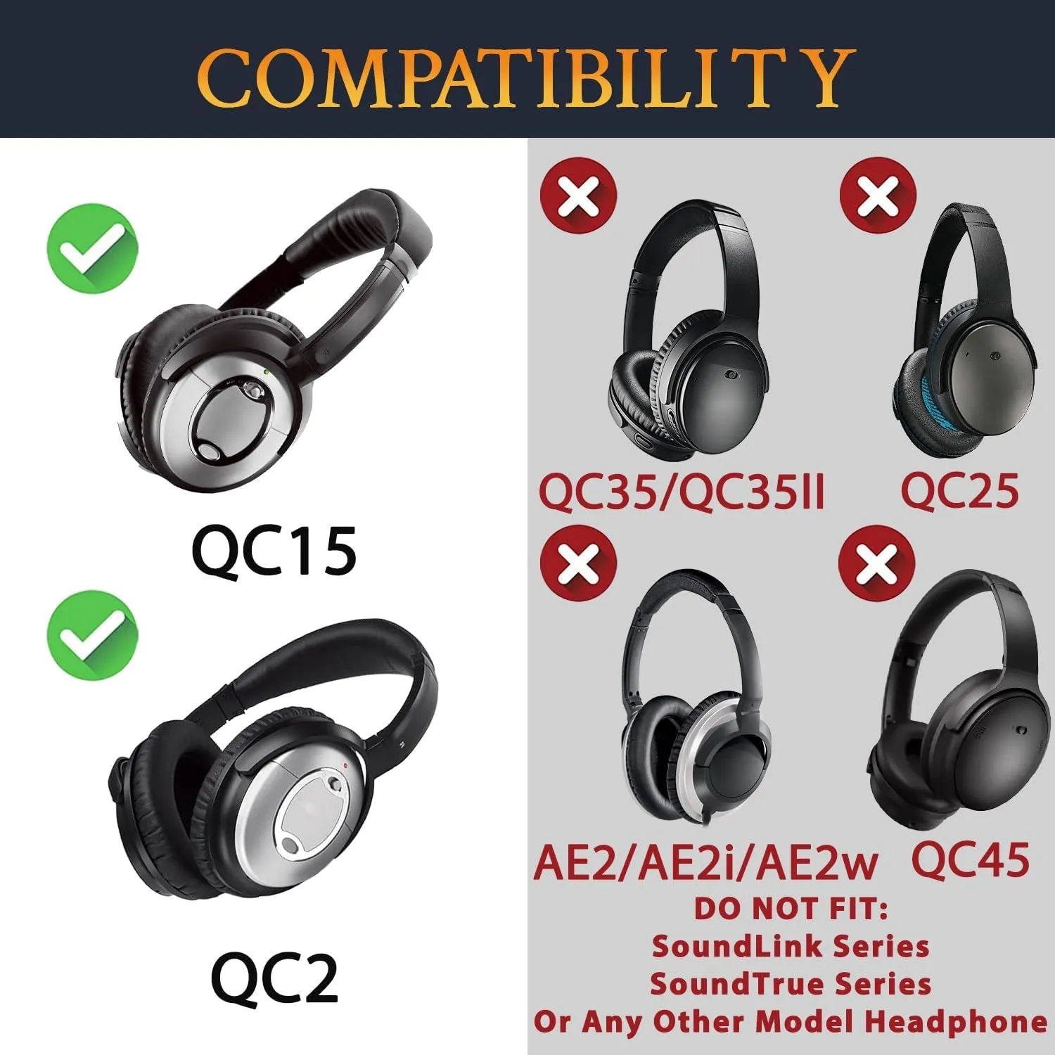 Ear Pads Cushions   Headband   Silicone Earpads Cover Protector, Replacement Kit for Bose QuietComfort 15(QC15)/QuietComfort 2(QC 2) Over-Ear Headphones - Black