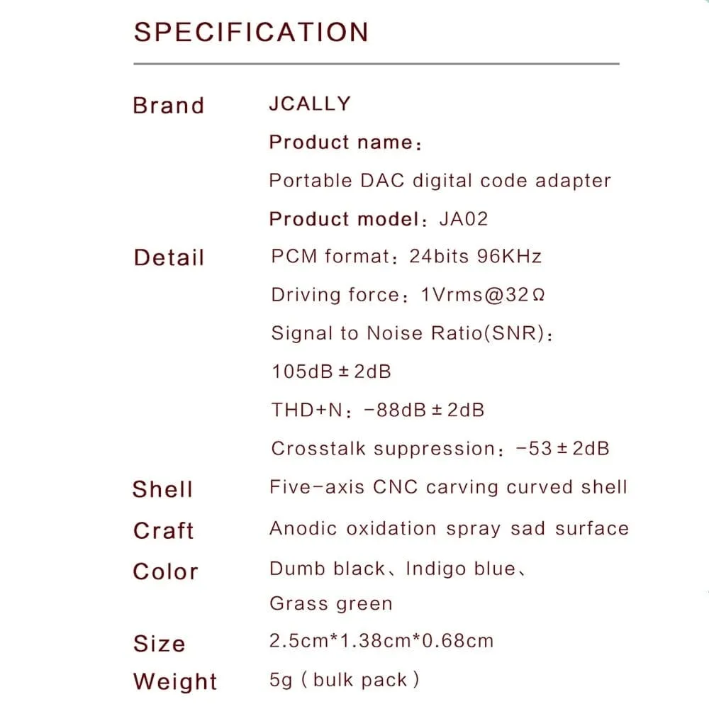 JCALLY JA02 Digital Audio Decoder Adapter Type-C To 3.5mm