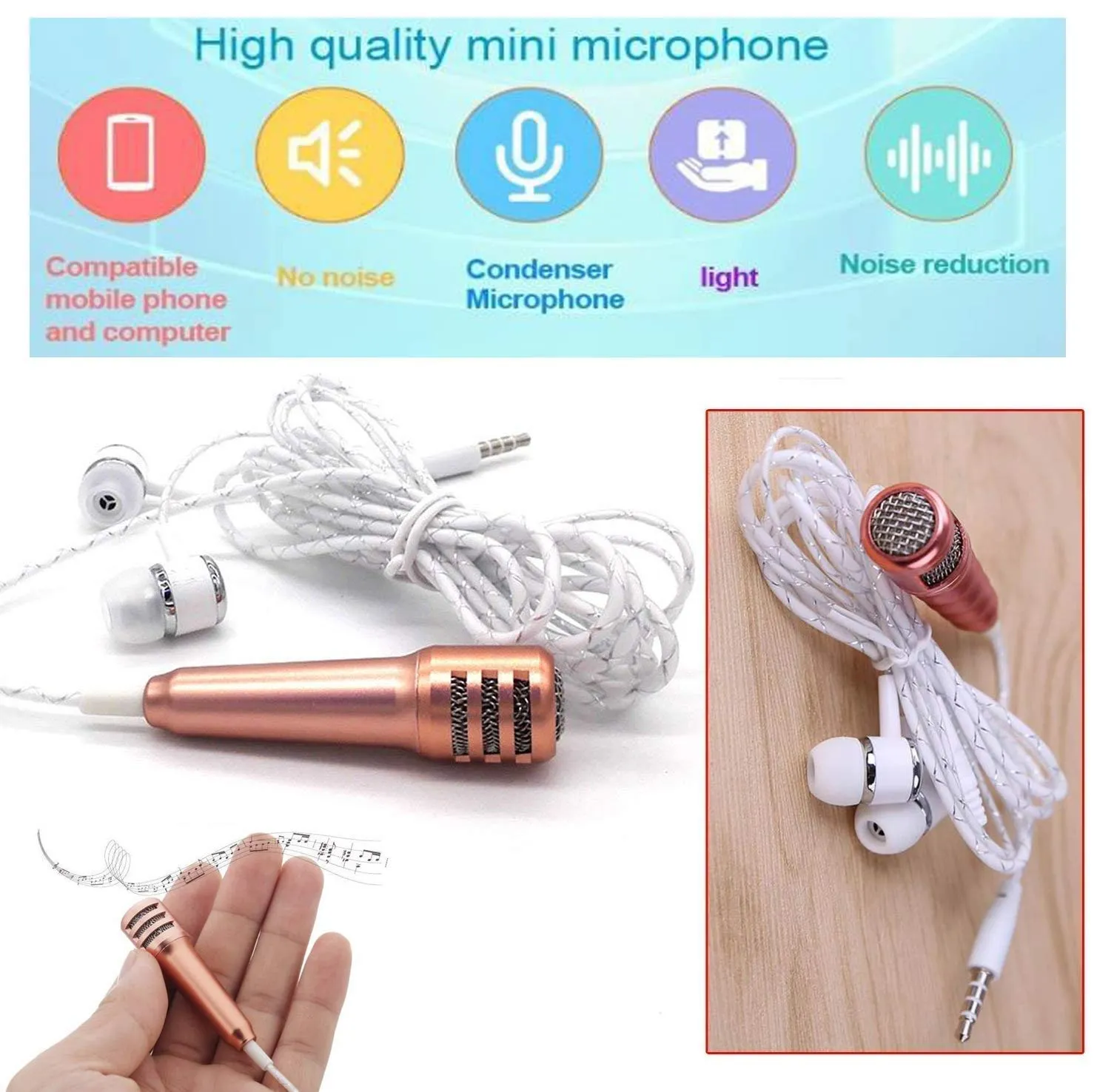 Mini Condenser Microphone Stereo Noise Cancelling Mic with Earphone for Voice Recording,Chatting Compatible for All Smartphones,All Tablets