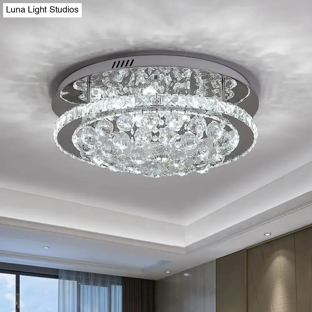 Modern Crystal Hotel LED Ceiling Light with Waterfall Orb Drop - Mirrored Chrome Drum Semi Flush Mount
