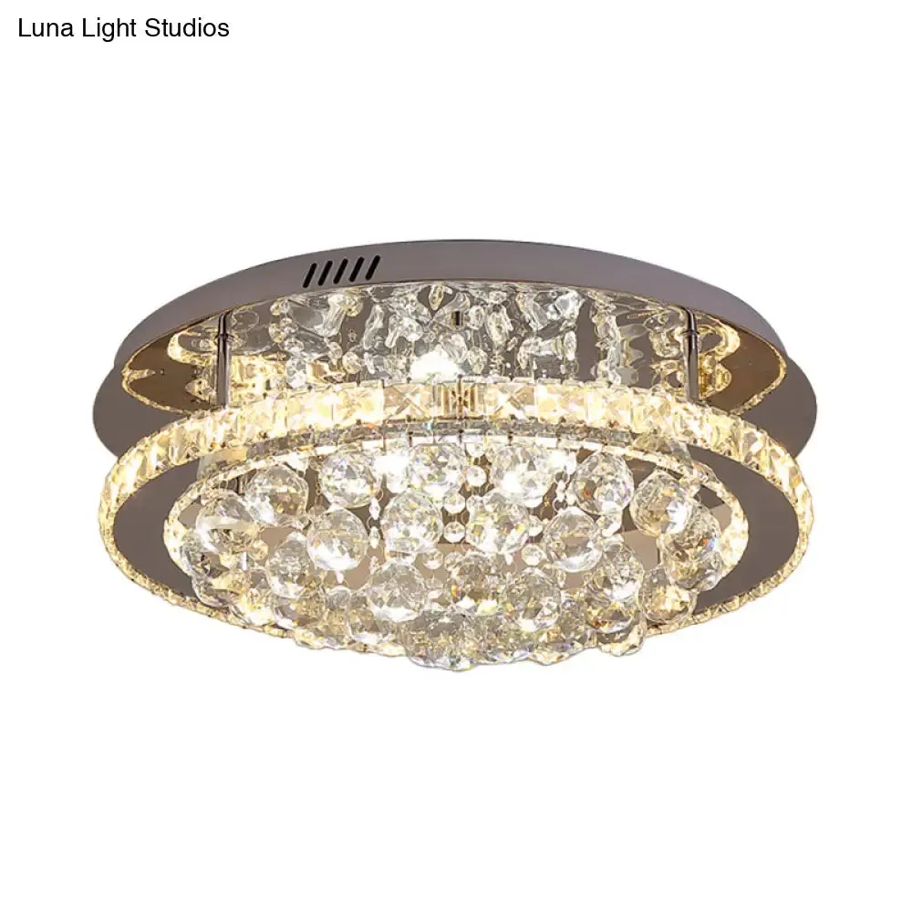 Modern Crystal Hotel LED Ceiling Light with Waterfall Orb Drop - Mirrored Chrome Drum Semi Flush Mount