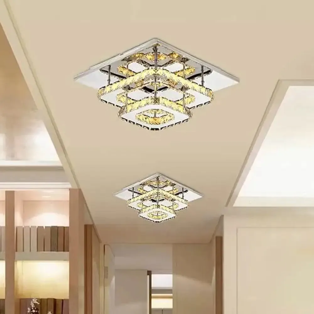 Modern LED Crystal Flush Mount Ceiling Light with Beveled Square Design for Corridor, Chrome Finish