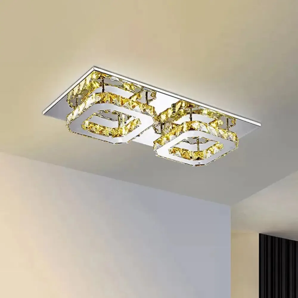 Modern LED Crystal Flush Mount Ceiling Light with Beveled Square Design for Corridor, Chrome Finish