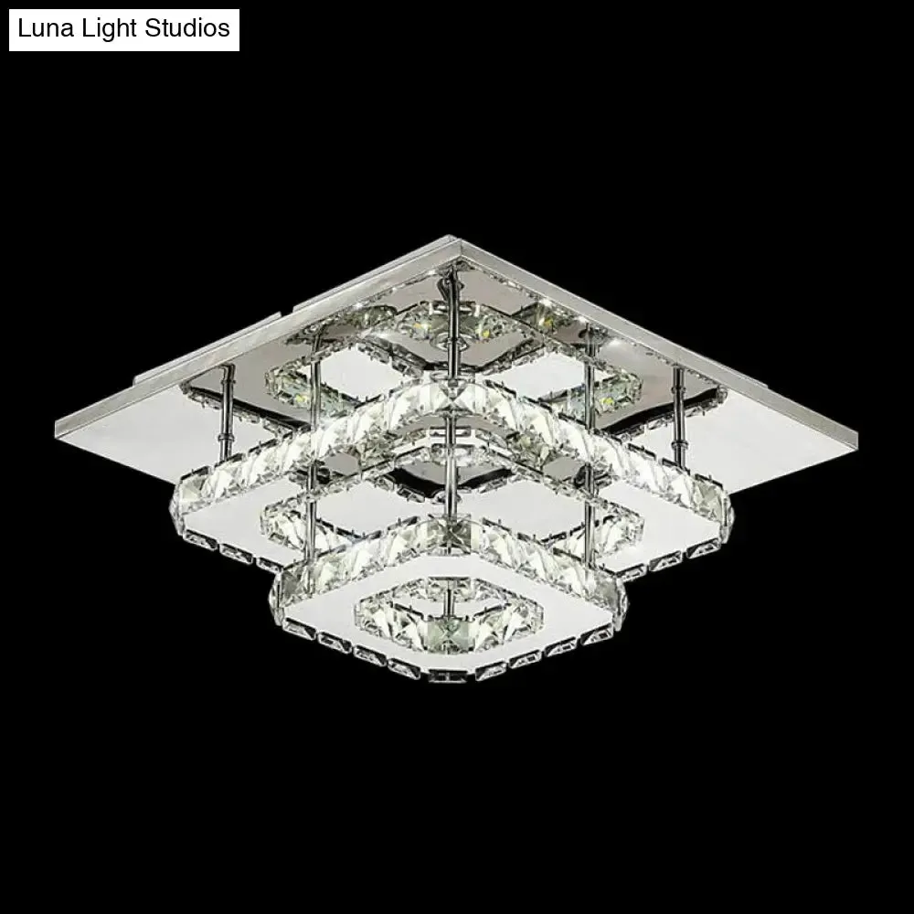Modern LED Crystal Flush Mount Ceiling Light with Beveled Square Design for Corridor, Chrome Finish