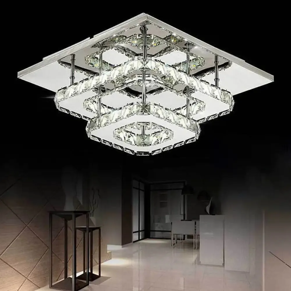 Modern LED Crystal Flush Mount Ceiling Light with Beveled Square Design for Corridor, Chrome Finish