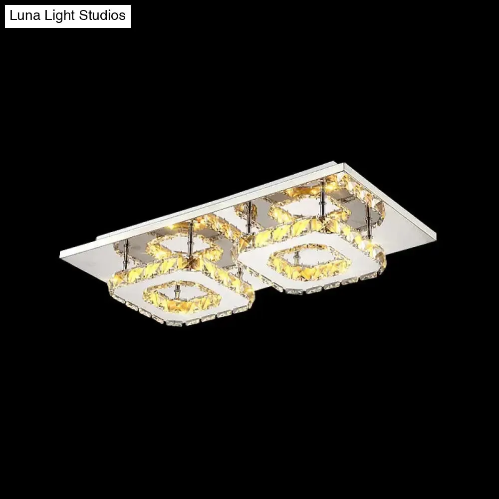 Modern LED Crystal Flush Mount Ceiling Light with Beveled Square Design for Corridor, Chrome Finish