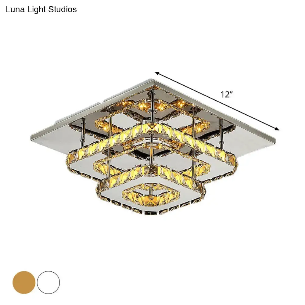 Modern LED Crystal Flush Mount Ceiling Light with Beveled Square Design for Corridor, Chrome Finish
