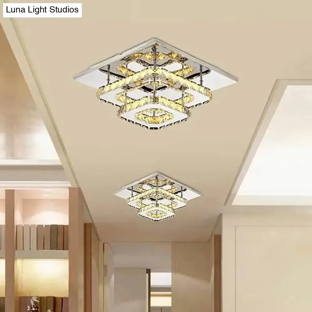 Modern LED Crystal Flush Mount Ceiling Light with Beveled Square Design for Corridor, Chrome Finish
