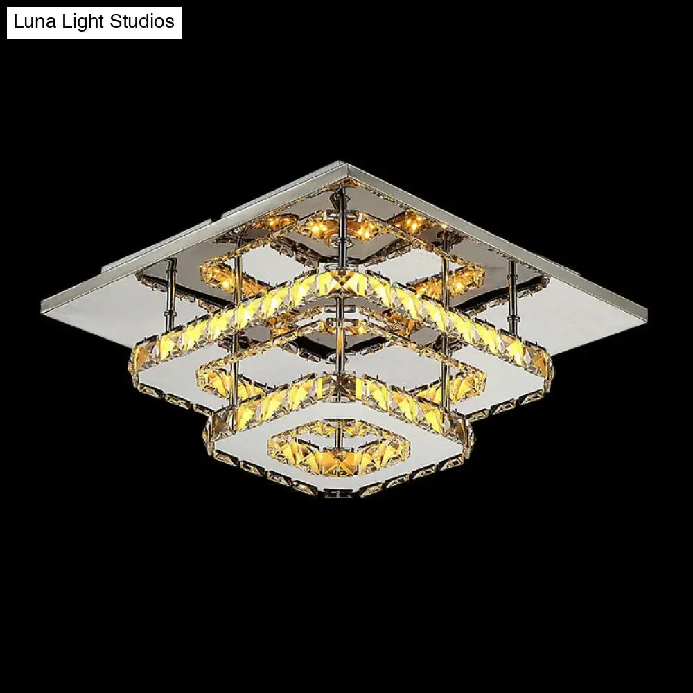 Modern LED Crystal Flush Mount Ceiling Light with Beveled Square Design for Corridor, Chrome Finish