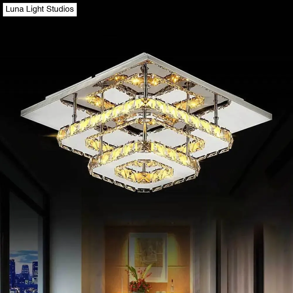 Modern LED Crystal Flush Mount Ceiling Light with Beveled Square Design for Corridor, Chrome Finish