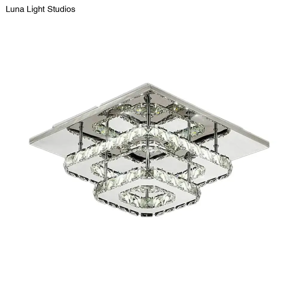 Modern LED Crystal Flush Mount Ceiling Light with Beveled Square Design for Corridor, Chrome Finish