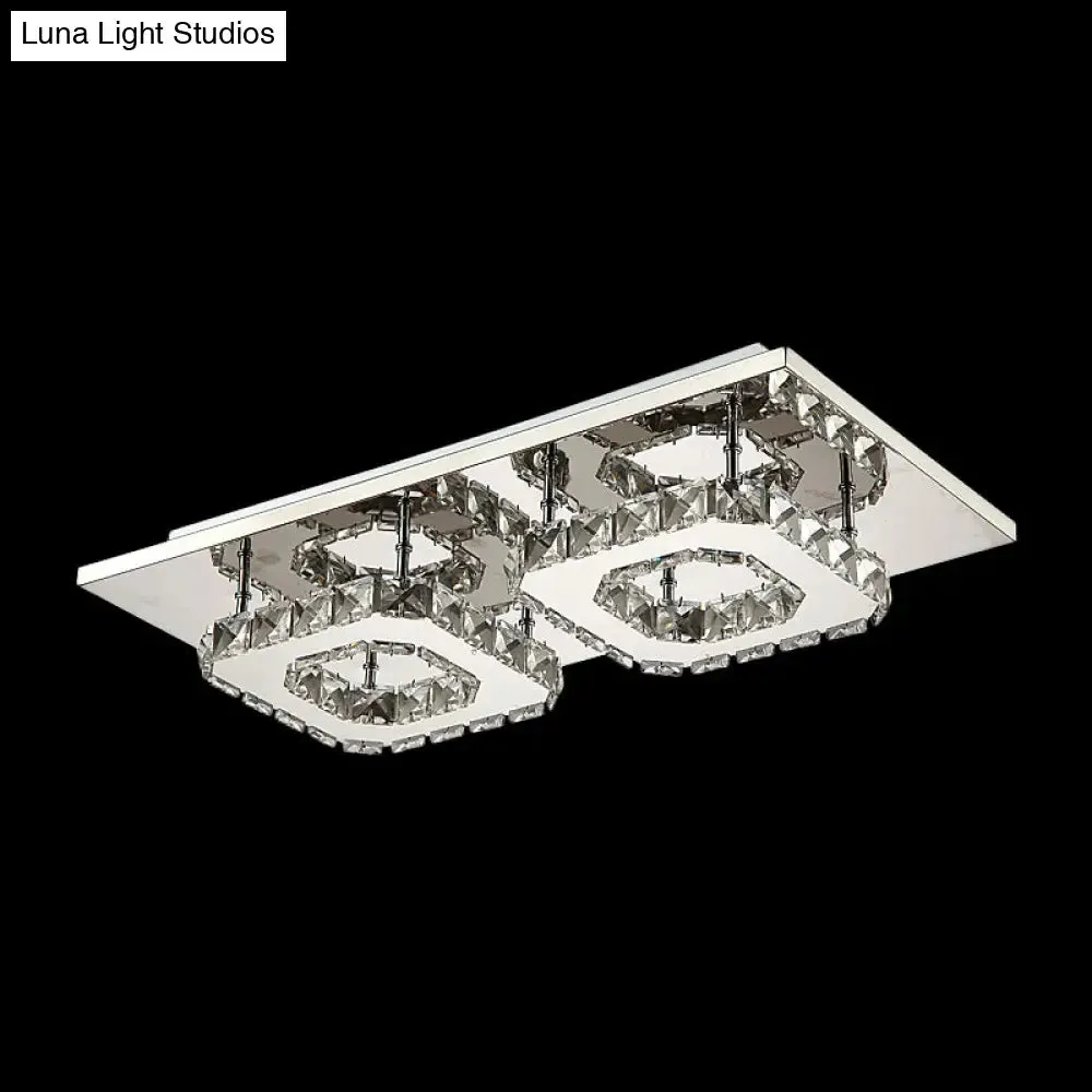 Modern LED Crystal Flush Mount Ceiling Light with Beveled Square Design for Corridor, Chrome Finish