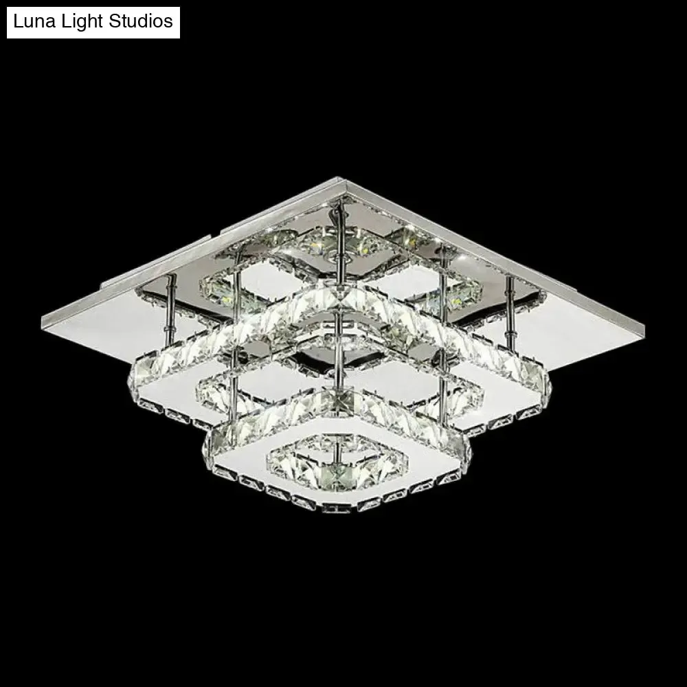 Modern LED Crystal Flush Mount Ceiling Light with Beveled Square Design for Corridor, Chrome Finish