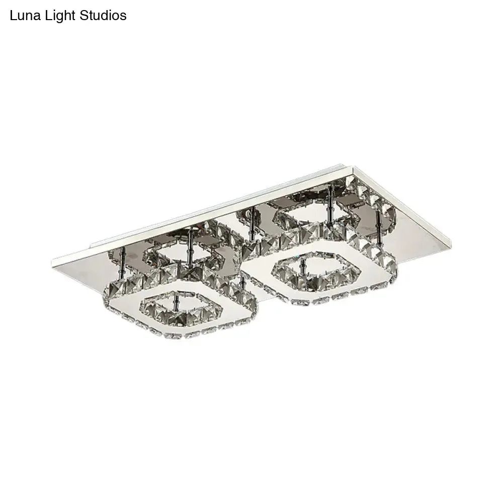 Modern LED Crystal Flush Mount Ceiling Light with Beveled Square Design for Corridor, Chrome Finish