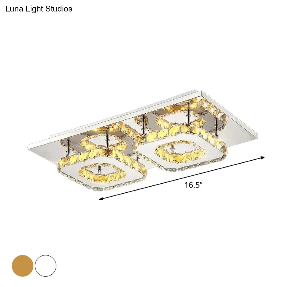 Modern LED Crystal Flush Mount Ceiling Light with Beveled Square Design for Corridor, Chrome Finish