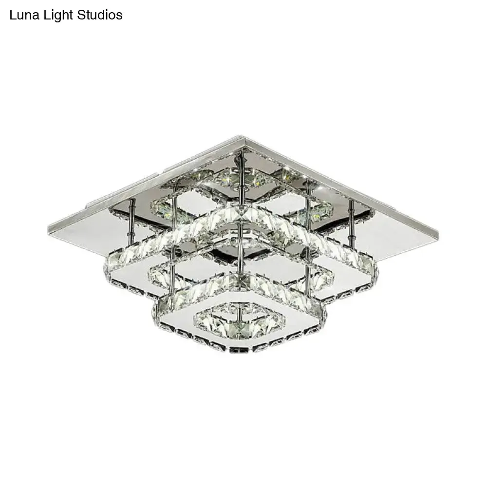 Modern LED Crystal Flush Mount Ceiling Light with Beveled Square Design for Corridor, Chrome Finish