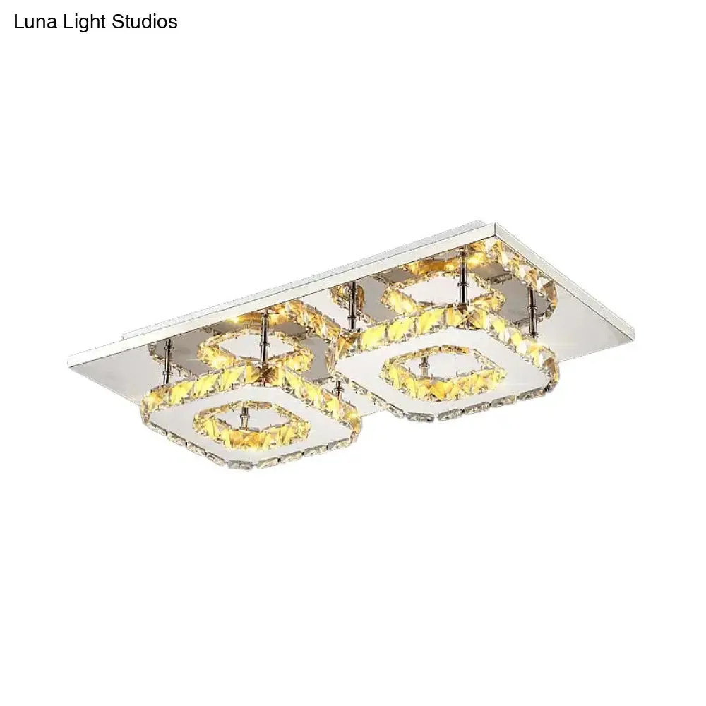 Modern LED Crystal Flush Mount Ceiling Light with Beveled Square Design for Corridor, Chrome Finish