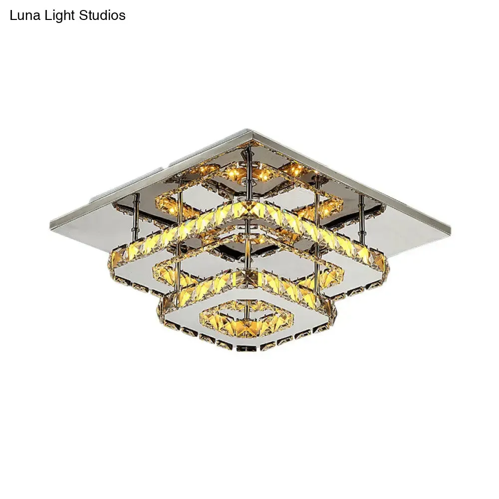 Modern LED Crystal Flush Mount Ceiling Light with Beveled Square Design for Corridor, Chrome Finish