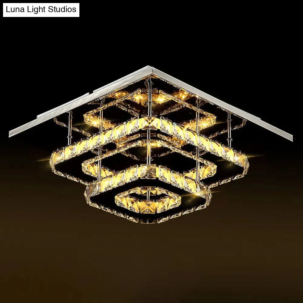 Modern LED Crystal Flush Mount Ceiling Light with Beveled Square Design for Corridor, Chrome Finish