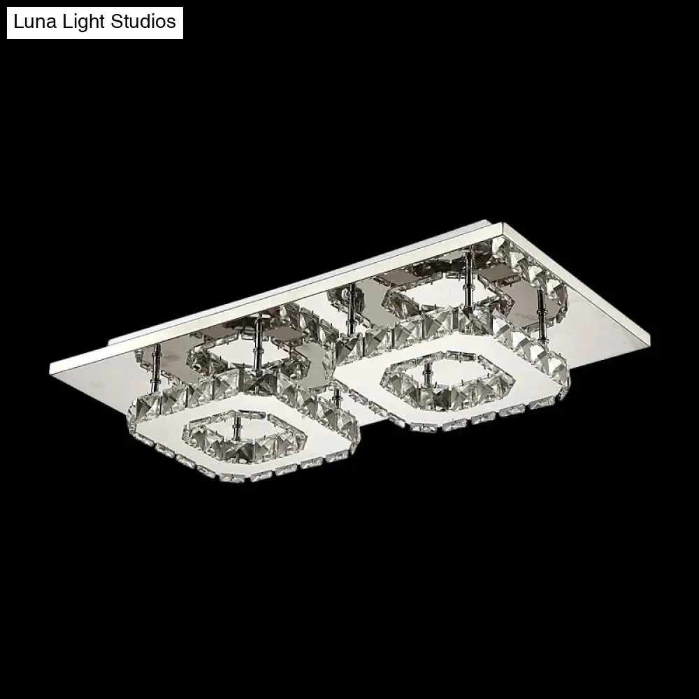 Modern LED Crystal Flush Mount Ceiling Light with Beveled Square Design for Corridor, Chrome Finish