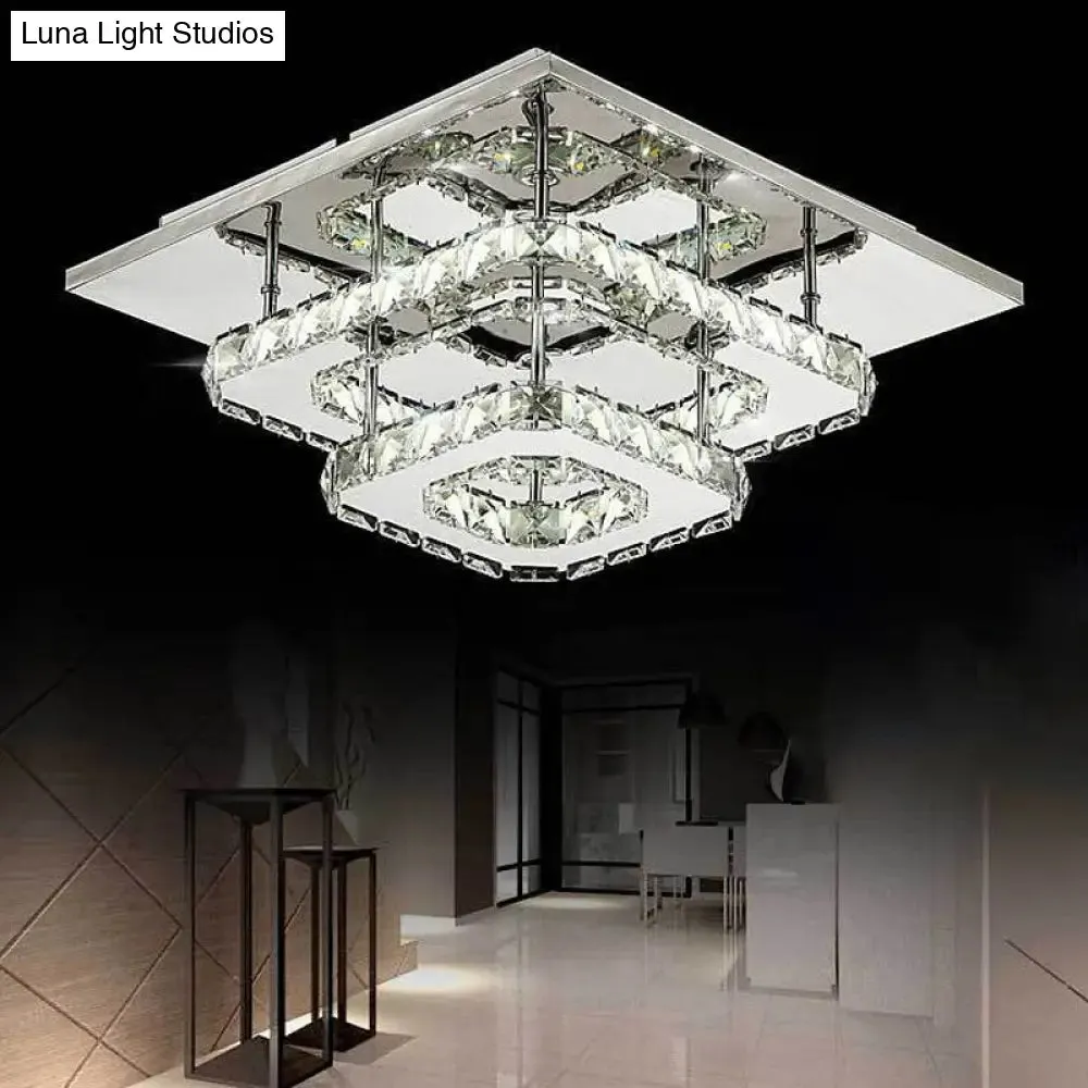 Modern LED Crystal Flush Mount Ceiling Light with Beveled Square Design for Corridor, Chrome Finish