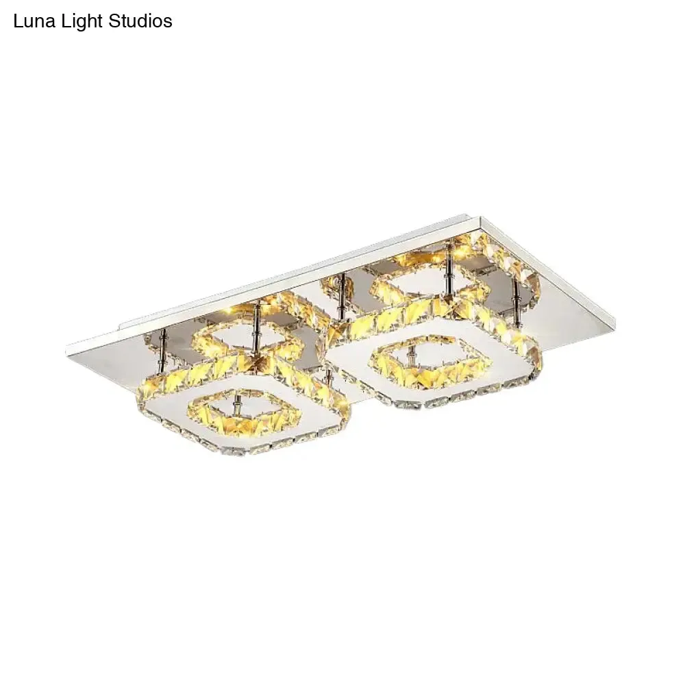 Modern LED Crystal Flush Mount Ceiling Light with Beveled Square Design for Corridor, Chrome Finish