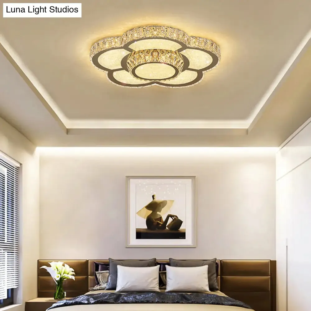 Modern White Clear Crystal Glass Flower Flush Mount LED Ceiling Light - 14"/18"/23.5" Warm/White Light, Remote Control Dimmable