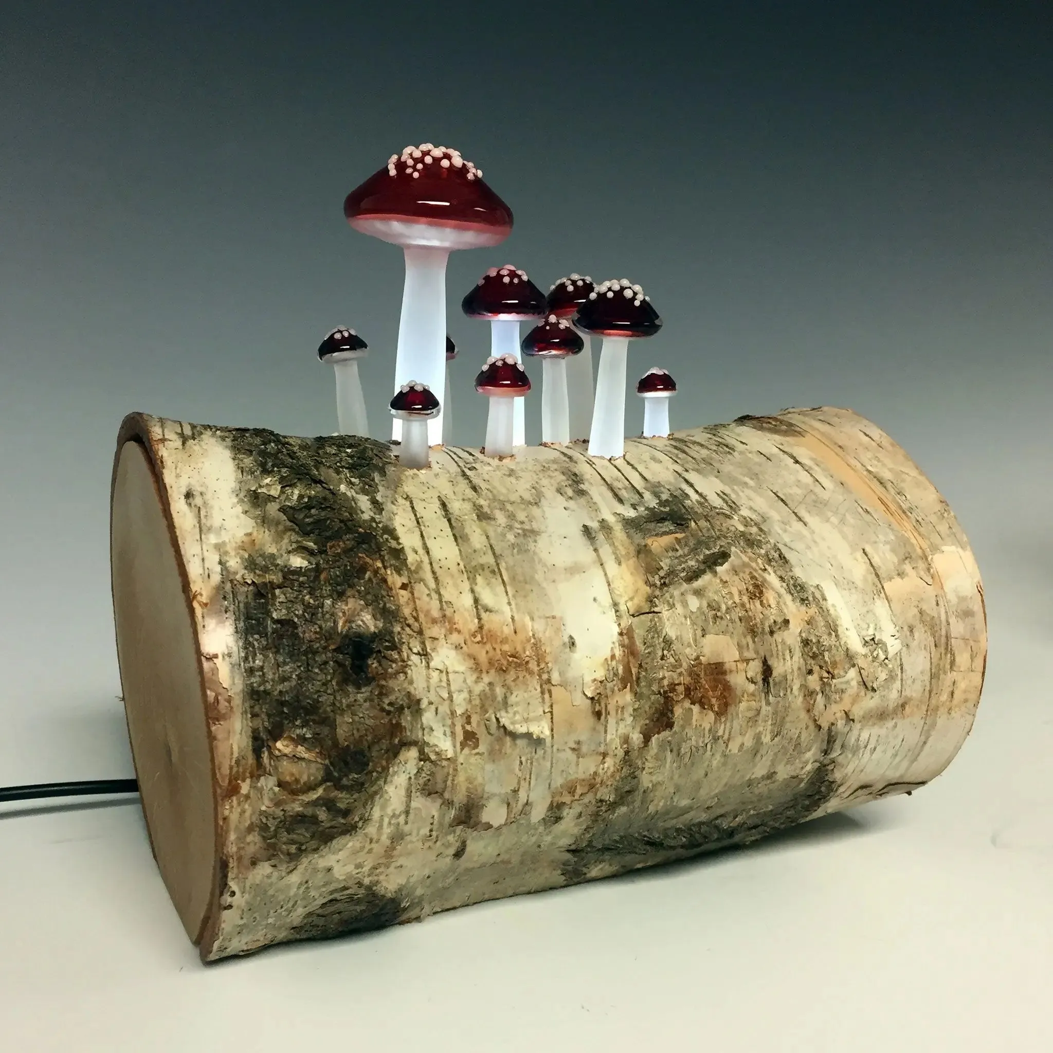 Mushroom on Birch Log Glass Night Light & Ambient Lighting by Sage Churchill-Foster, Sage Studios