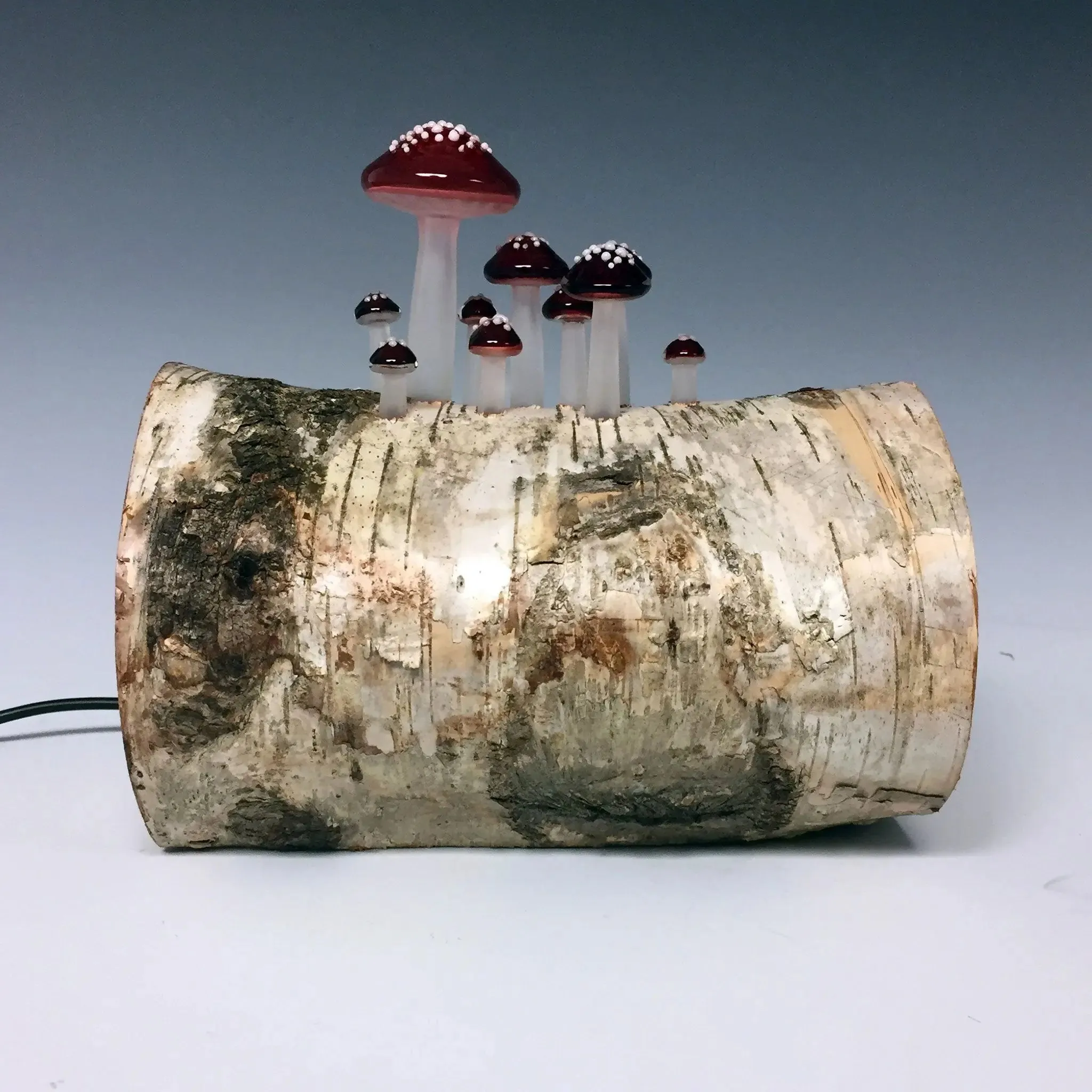 Mushroom on Birch Log Glass Night Light & Ambient Lighting by Sage Churchill-Foster, Sage Studios