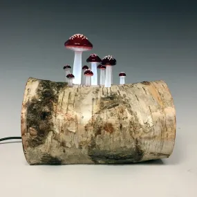 Mushroom on Birch Log Glass Night Light & Ambient Lighting by Sage Churchill-Foster, Sage Studios