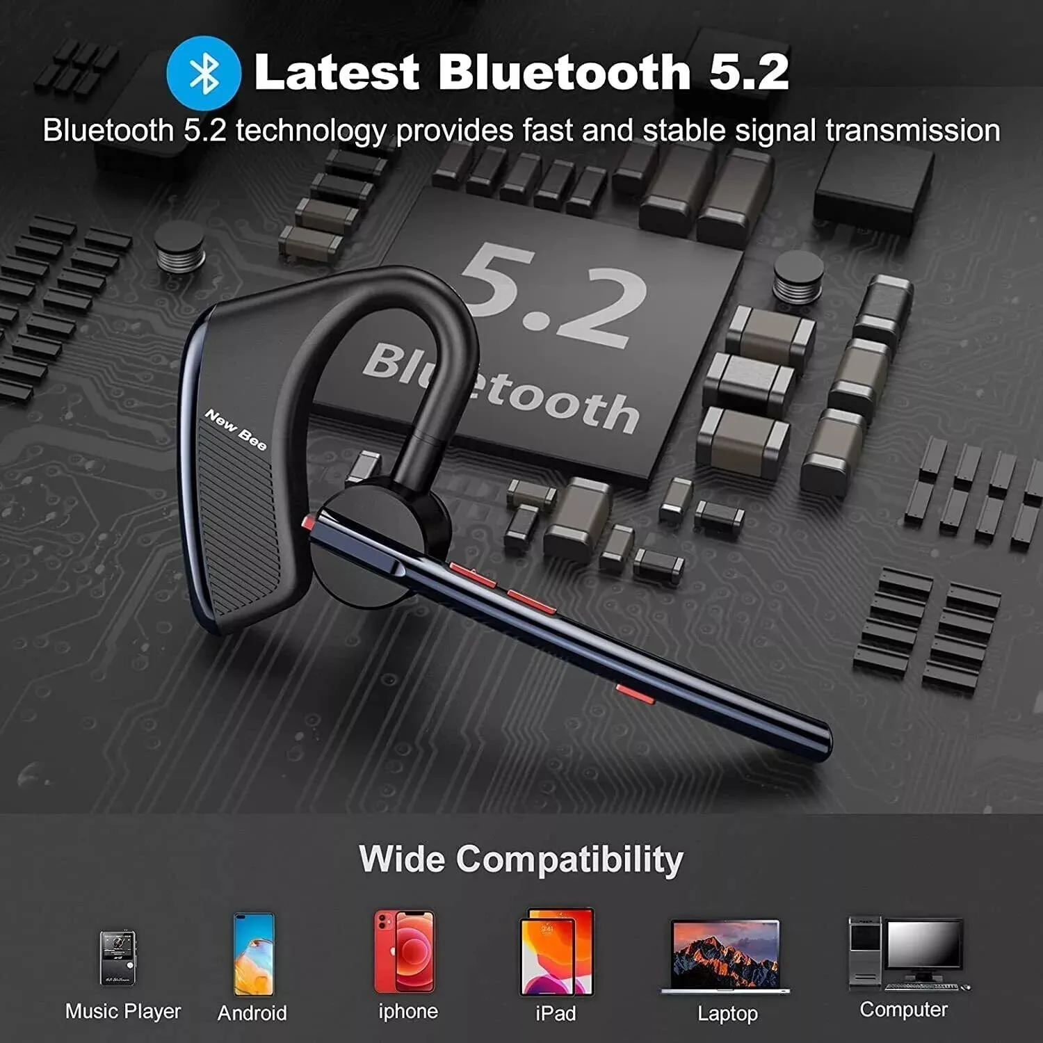 New Bee Bluetooth Headset with Dual Microphone & CVC 8.0