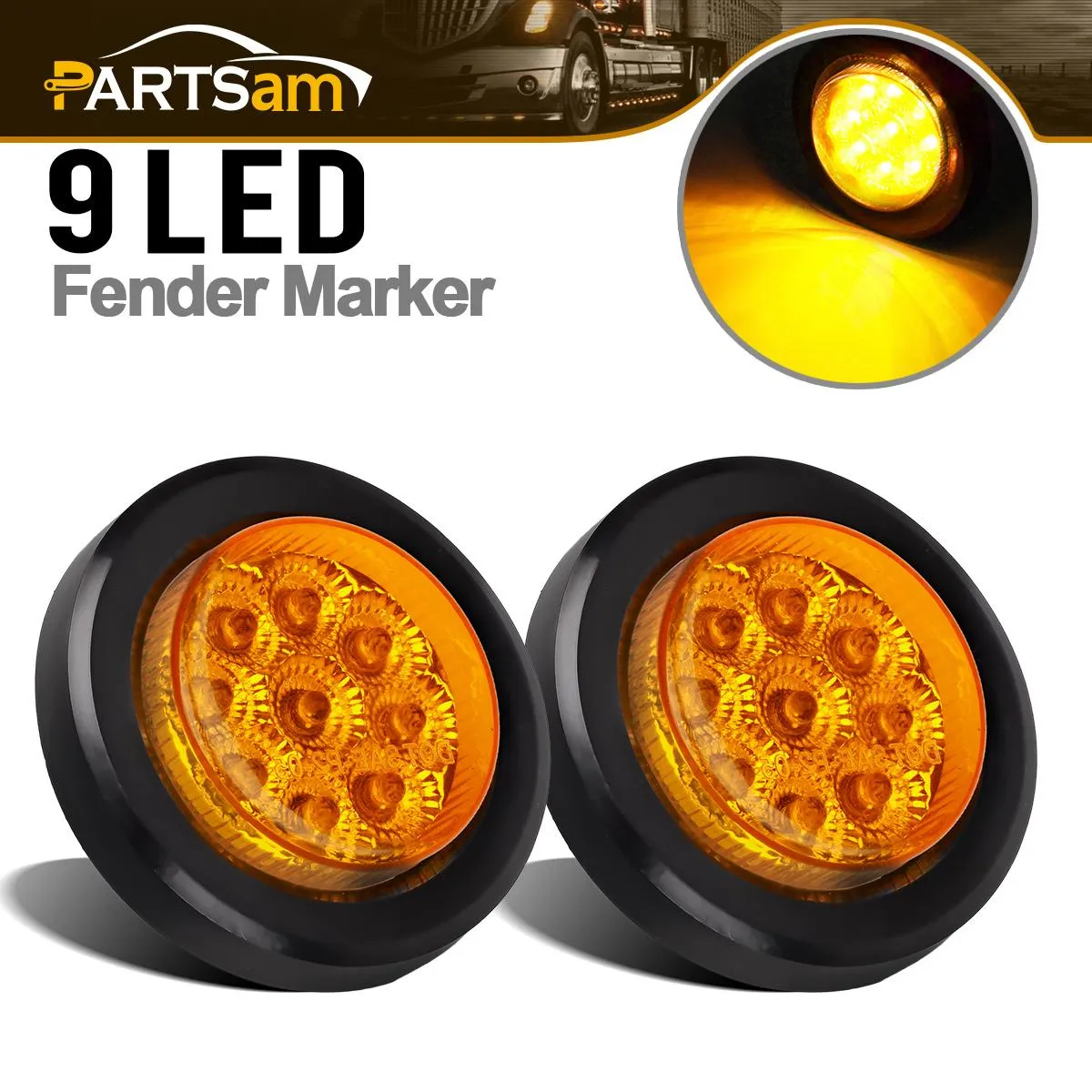 Partsam 2Pcs 2 Inch Round Truck Trailer Led Side Marker Clearance Light Amber 9 Diodes with Reflectors Sealed Waterproof 12V 2 Inch Round LED Side Fender Panel Lights with Grommets and Wire Pigtail