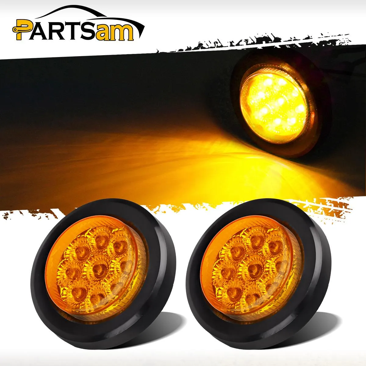 Partsam 2Pcs 2 Inch Round Truck Trailer Led Side Marker Clearance Light Amber 9 Diodes with Reflectors Sealed Waterproof 12V 2 Inch Round LED Side Fender Panel Lights with Grommets and Wire Pigtail