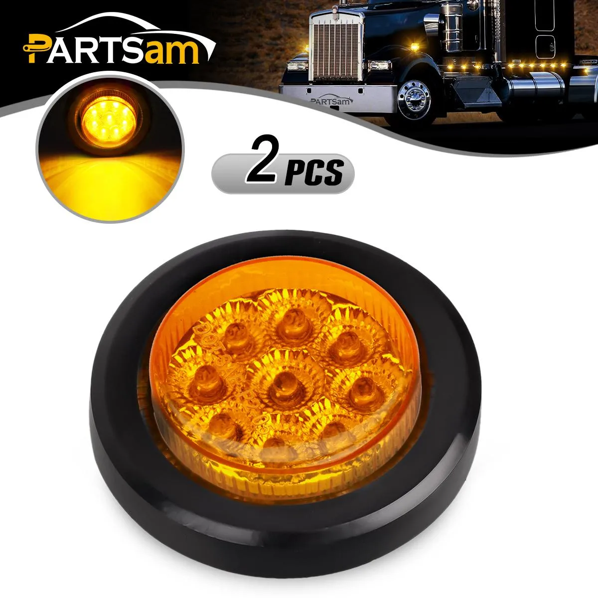 Partsam 2Pcs 2 Inch Round Truck Trailer Led Side Marker Clearance Light Amber 9 Diodes with Reflectors Sealed Waterproof 12V 2 Inch Round LED Side Fender Panel Lights with Grommets and Wire Pigtail