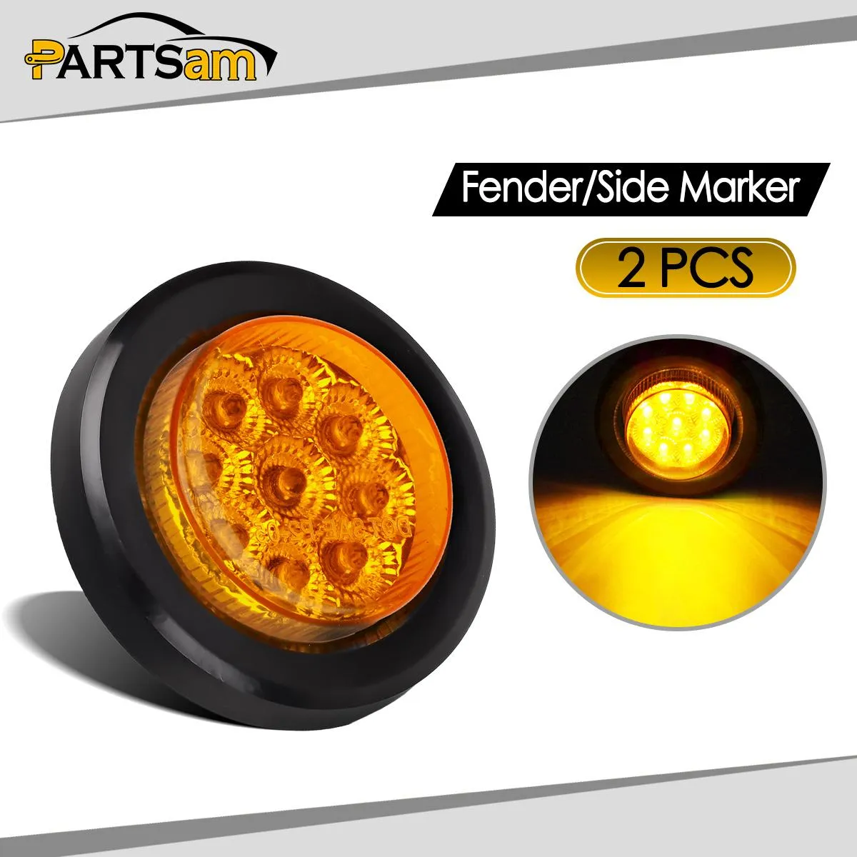 Partsam 2Pcs 2 Inch Round Truck Trailer Led Side Marker Clearance Light Amber 9 Diodes with Reflectors Sealed Waterproof 12V 2 Inch Round LED Side Fender Panel Lights with Grommets and Wire Pigtail