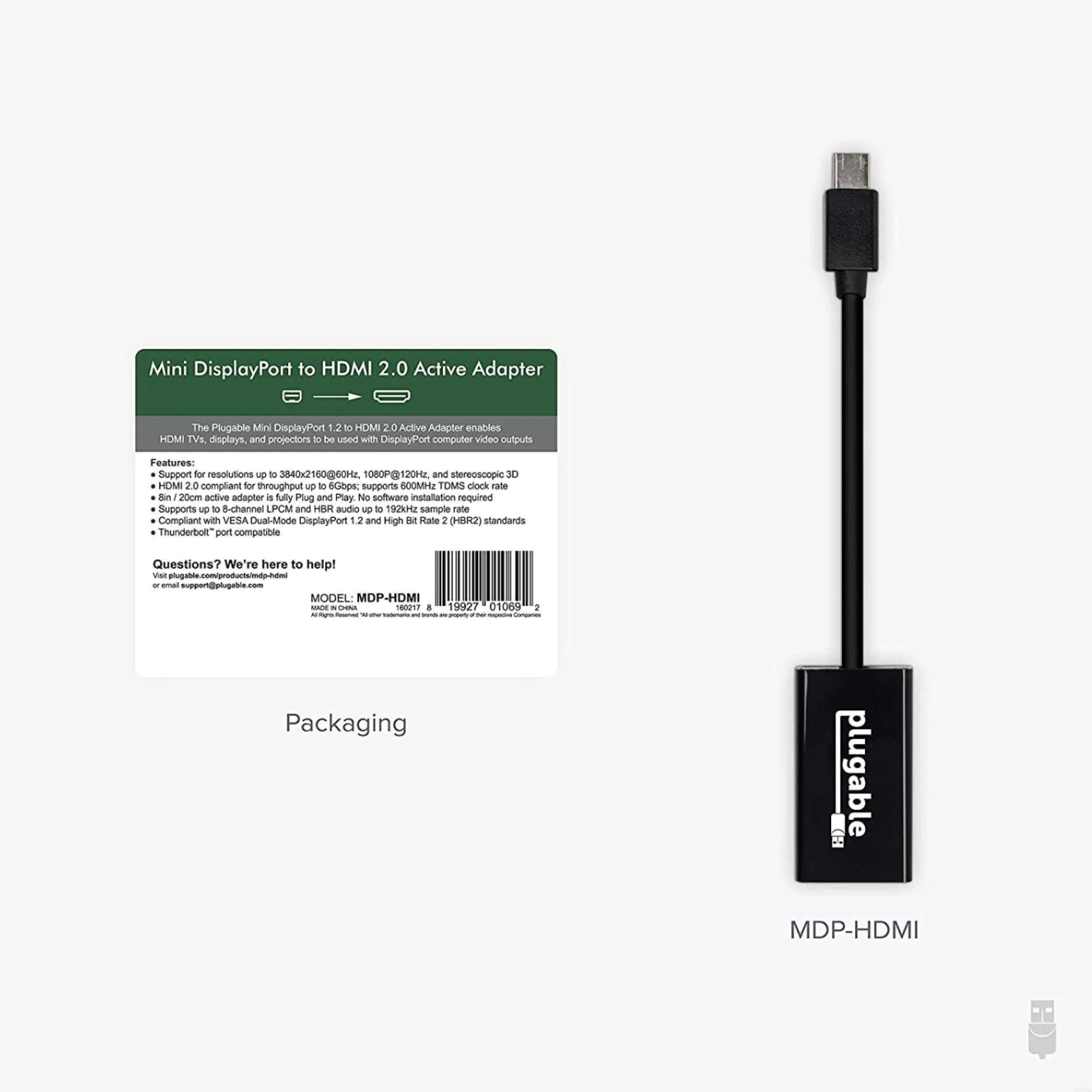 Plugable Mini DisplayPort/Thunderbolt™ 2 to HDMI 2.0 Active Adapter