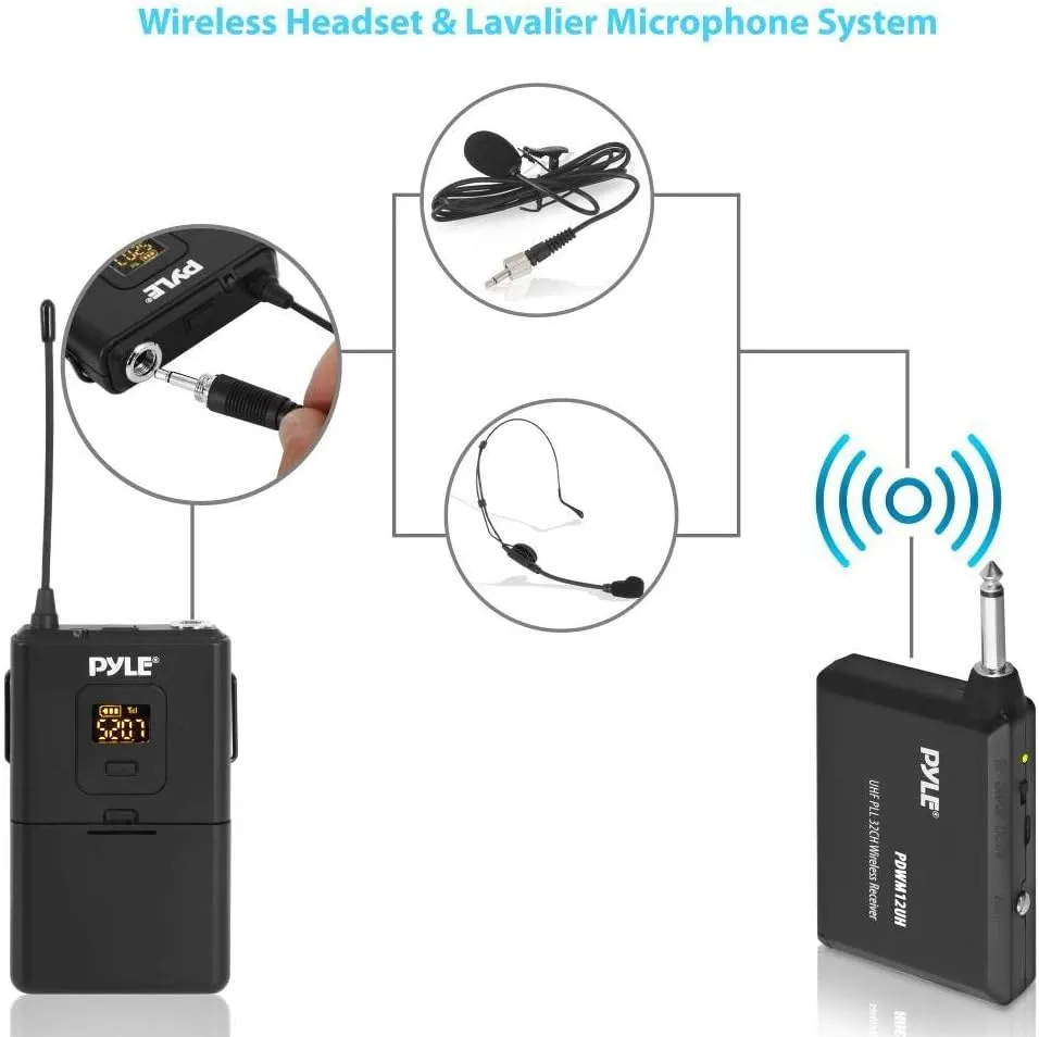 Pyle UHF 32-Channels Wireless Microphone - System Set w/ Headset & Lavalier Lapel Microphones, Beltpack Transmitter, Clip on Lavalier Mic & Receiver-Perfect for Karaoke & Conference - PDWM12UH,Black