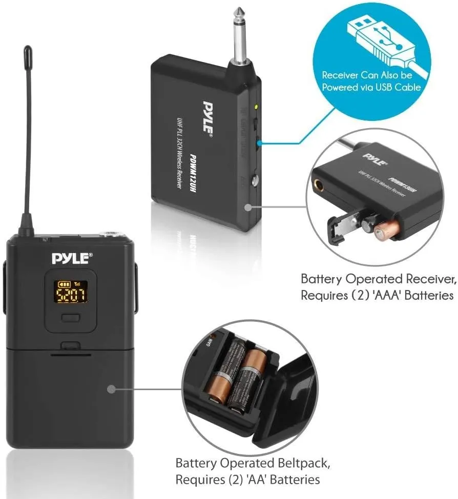 Pyle UHF 32-Channels Wireless Microphone - System Set w/ Headset & Lavalier Lapel Microphones, Beltpack Transmitter, Clip on Lavalier Mic & Receiver-Perfect for Karaoke & Conference - PDWM12UH,Black