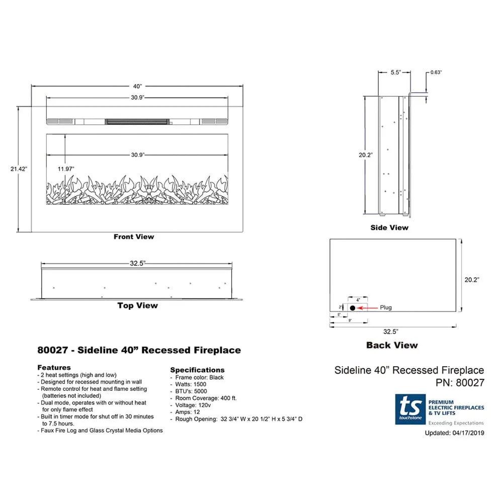 The Sideline 40 Inch Recessed Smart Electric Fireplace 80027