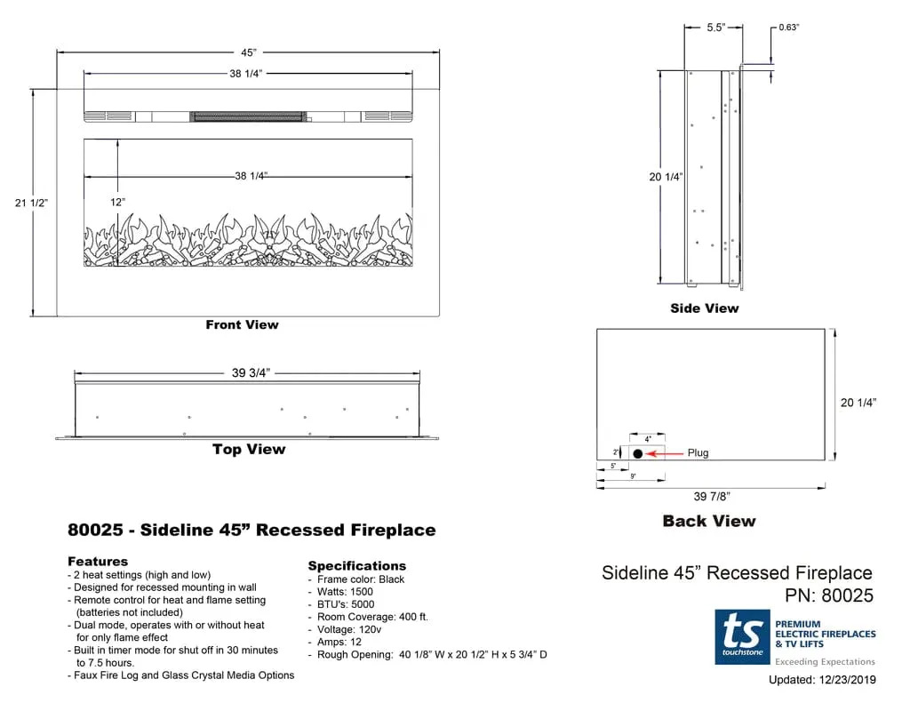 The Sideline 45 Inch Recessed Smart Electric Fireplace 80025