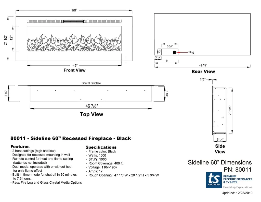 The Sideline 60 Inch Recessed Smart Electric Fireplace 80011
