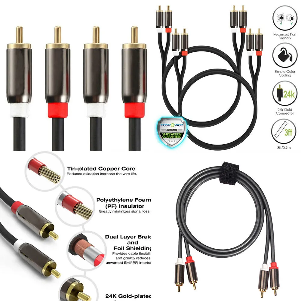 U 2-4 Plated 2-RCA to 2-RCA Male L/R Stereo Audio Coaxial Cable Cord Plug Patch