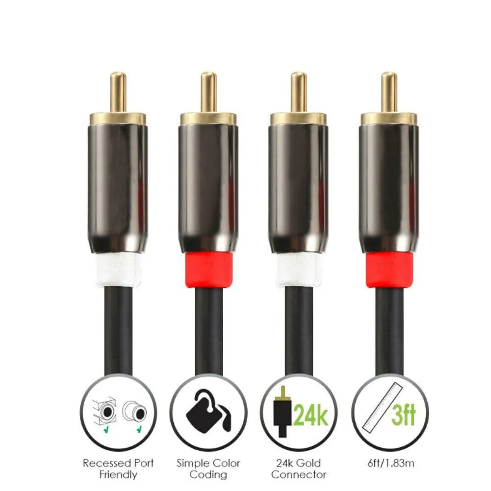 U 2-4 Plated 2-RCA to 2-RCA Male L/R Stereo Audio Coaxial Cable Cord Plug Patch