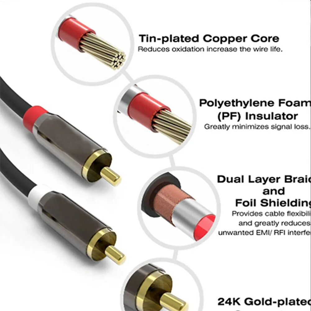 U 2-4 Plated 2-RCA to 2-RCA Male L/R Stereo Audio Coaxial Cable Cord Plug Patch